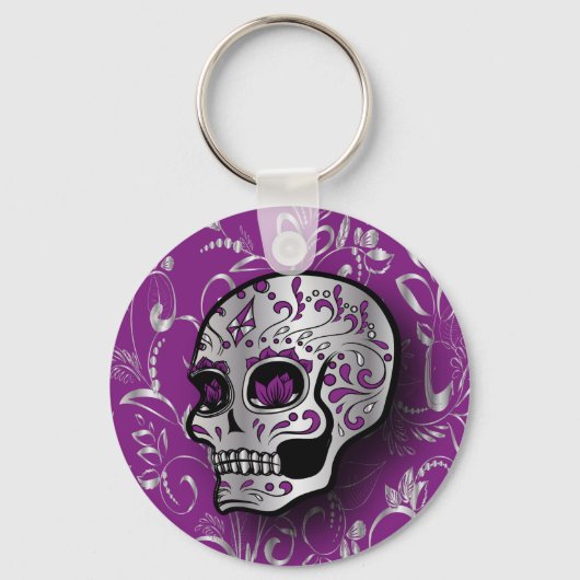 Whimsical Lila und Silver Sugar Skull Schlüsselanhänger (Vorderseite)