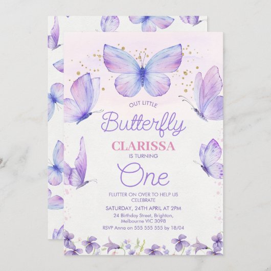 Whimsical Lila Unser kleiner Schmetterling 1. Gebu Einladung (Vorne/Hinten)