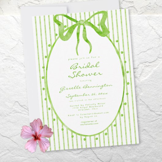 Whimsical Lime Watercolor Bow Stripe Bridal Shower Einladung