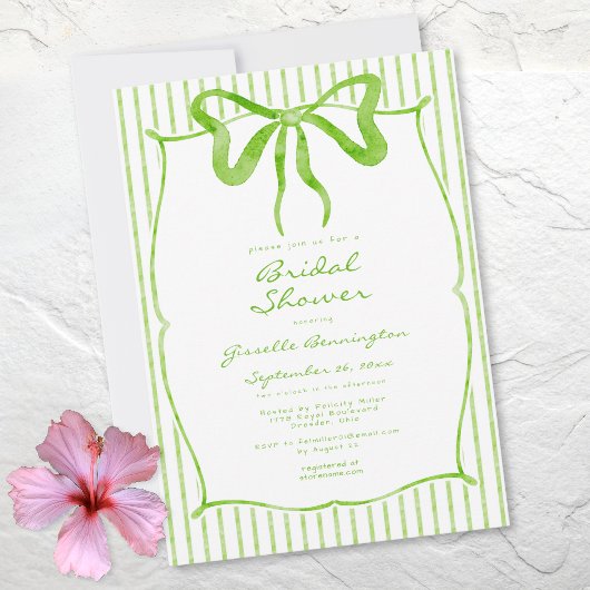Whimsical Lime Watercolor Bow Stripe Bridal Shower Einladung