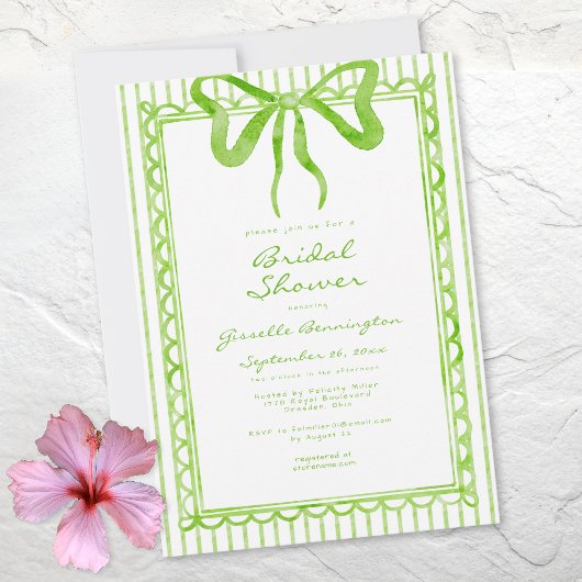 Whimsical Lime Watercolor Bow Stripe Bridal Shower Einladung