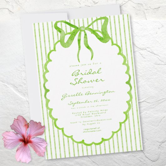 Whimsical Lime Watercolor Bow Stripe Bridal Shower Einladung