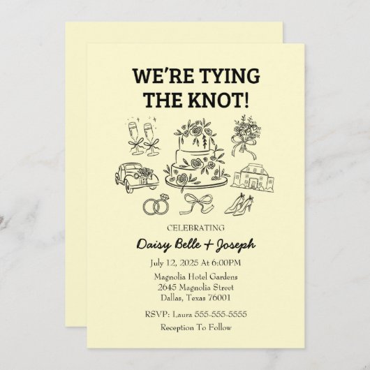 Whimsical Line Art Wedding Yellow Einladung (Vorne/Hinten)
