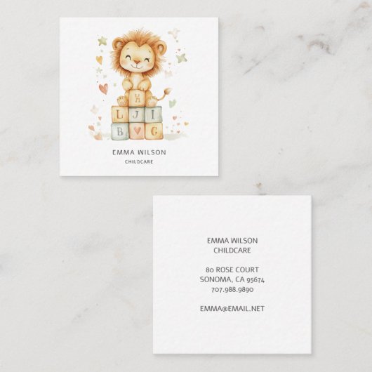 Whimsical Lion Cub Chilcare Business Card Quadratische Visitenkarte (Vorne/Hinten)