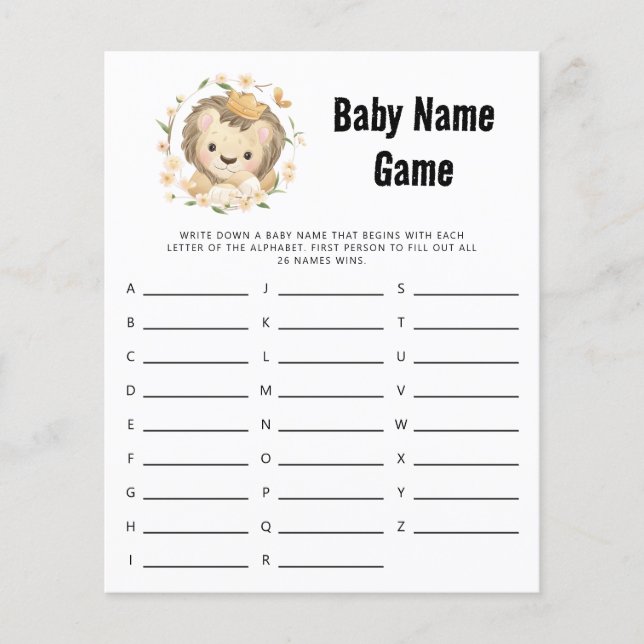 Whimsical Lion King Baby Name Dusche Spiel (Vorderseite)