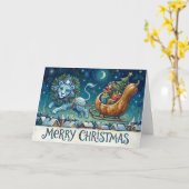 Whimsical Lion Pulling Sleigh Christmas Card Karte (Gelbe Blume)