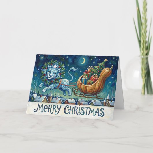 Whimsical Lion Pulling Sleigh Christmas Card Karte (Vorderseite)