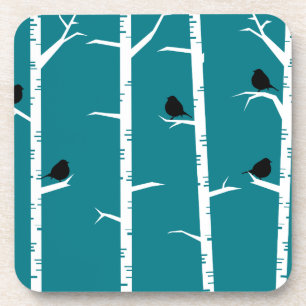 Whimsical Little Black Birds and White Birch Trees Untersetzer