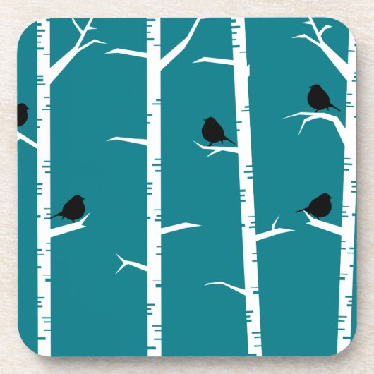 Whimsical Little Black Birds and White Birch Trees Untersetzer (Vorderseite)