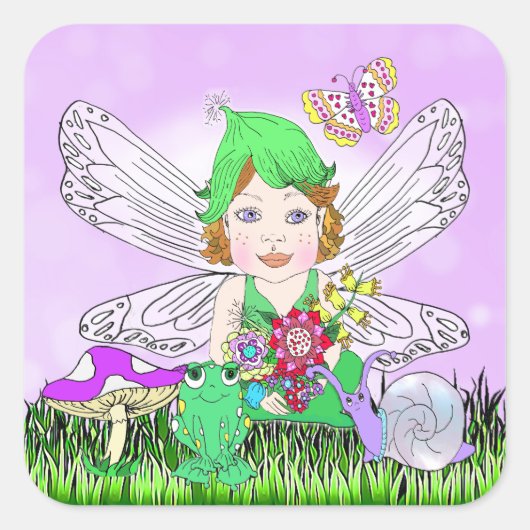 Whimsical Little Elf Fairy, Mushroom and Butterfly Quadratischer Aufkleber (Vorderseite)