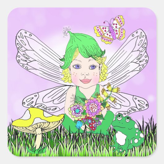 Whimsical Little Elf Fairy, Mushroom and Butterfly Quadratischer Aufkleber (Vorderseite)