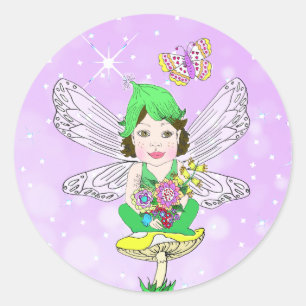 Whimsical Little Elf Fairy, Mushroom and Butterfly Runder Aufkleber