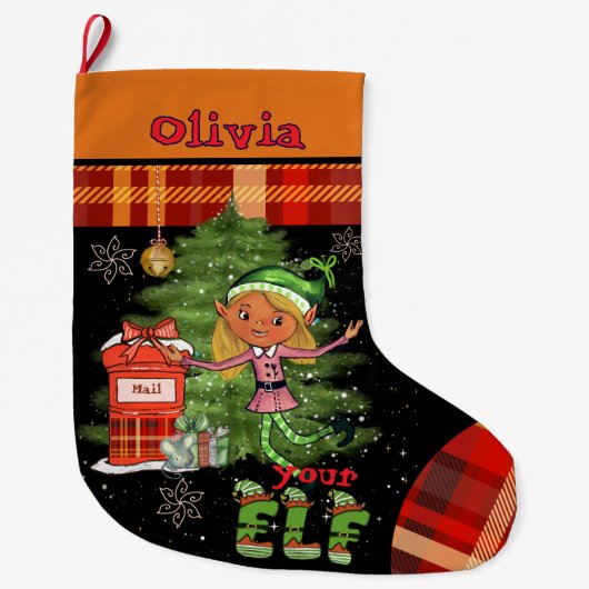 Whimsical Little Elf Girl Kids Christmas Stocking Großer Weihnachtsstrumpf (Vorderseite)