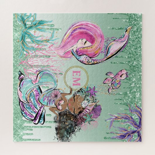 Whimsical Little Mermaids Under Sea Monogram P Puzzle (Horizontal)
