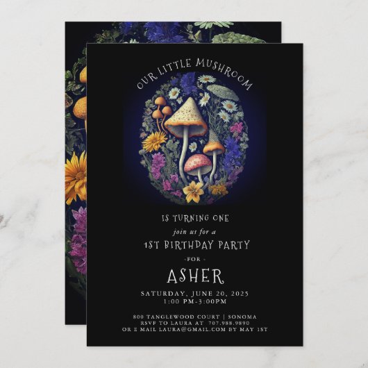 Whimsical Little Mushroom 1. Geburtstag Party Einladung (Vorne/Hinten)