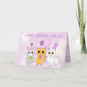 Whimsical Llama, Kitten und Maus Mädchen zum Gebur Karte