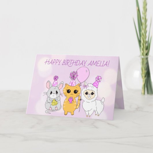 Whimsical Llama, Kitten und Maus Mädchen zum Gebur Karte (Vorderseite)
