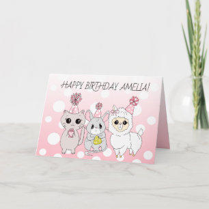 Whimsical Llama, Kitten und Maus Mädchen zum Gebur Karte