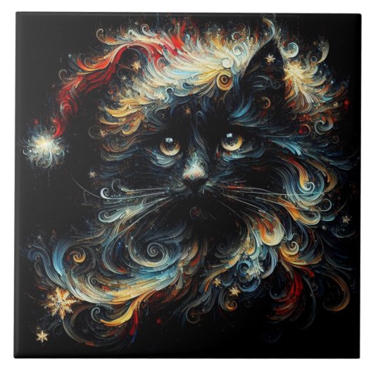 Whimsical Long Hair Black Cat Santa Christmas Hat Fliese (Vorderseite)