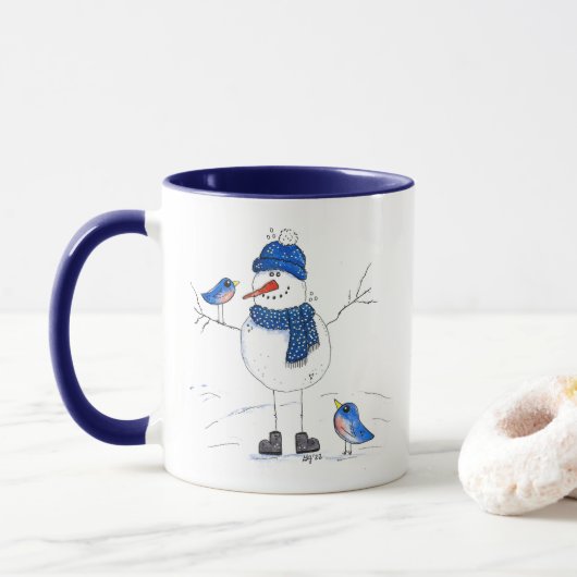 Whimsical Long Legged Snowman Tasse (Mit Donut)
