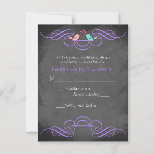 Whimsical Love Birds Chalkboard Wedding RSVP Card Karte (Vorderseite)