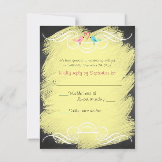 Whimsical Love Birds Chalkboard Wedding RSVP Card Karte (Vorderseite)