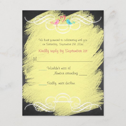 Whimsical Love Birds Chalkboard Wedding RSVP Card Karte (Vorderseite)