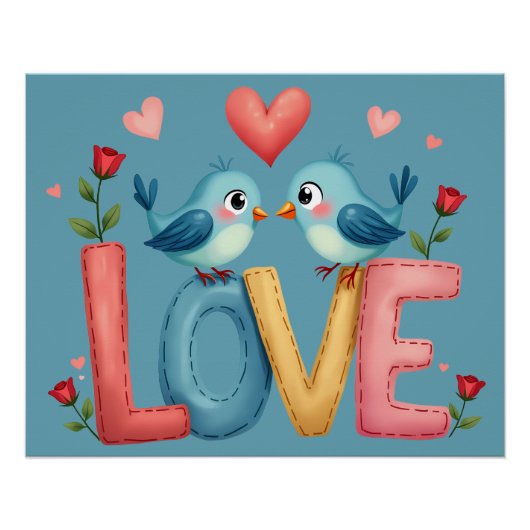Whimsical Love Birds Pastel Cotattcore Art Poster (Vorderseite)