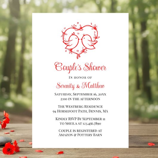 Whimsical Lovebirds Boho Red Heart Bridal Shower Einladung