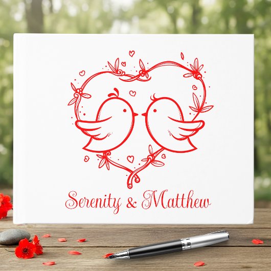 Whimsical Lovebirds Boho Red Love Heart Wedding Gästebuch