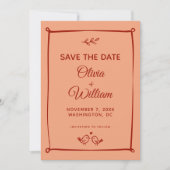 Whimsical Lovebirds, Orange und Red Wedding Save The Date (Vorderseite)