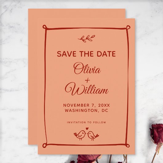Whimsical Lovebirds, Orange und Red Wedding Save The Date