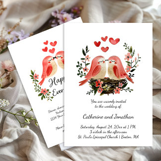 Whimsical Lovebirds Pink Hearts Wedding | Einladung