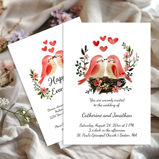 Whimsical Lovebirds Pink Hearts Wedding | Einladung