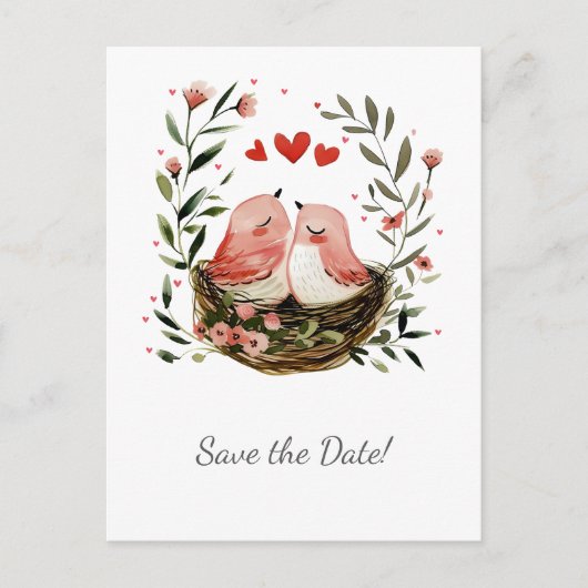 Whimsical Lovebirds Save The Date | Ankündigungspostkarte (Vorderseite)