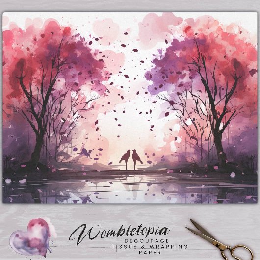 Whimsical Lovebirds & Watercolor Tree Decoupage Seidenpapier