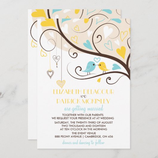 Whimsical Lovebirds Wedding Einladung (Vorne/Hinten)
