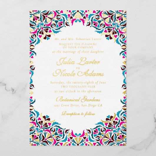 Whimsical Luxus Elfenbein Blumenstrauß Hochzeit Folieneinladung (Vorderseite)