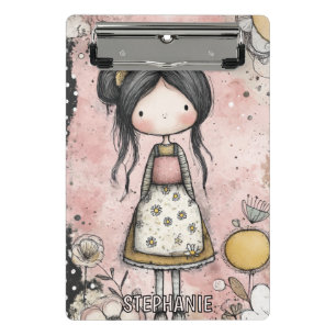 Whimsical Mädchen Wasserfarbe mit floralen Akzente Mini Klemmbrett