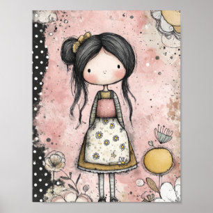 Whimsical Mädchen Wasserfarbe mit floralen Akzente Poster