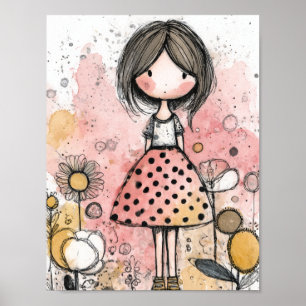 Whimsical Mädchen Wasserfarbe mit floralen Akzente Poster