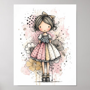 Whimsical Mädchen Wasserfarbe mit floralen Akzente Poster