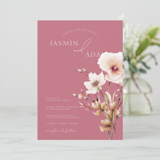 Whimsical Magenta Pink Wildblumen Hochzeit Einladung (Stehend Vorderseite)