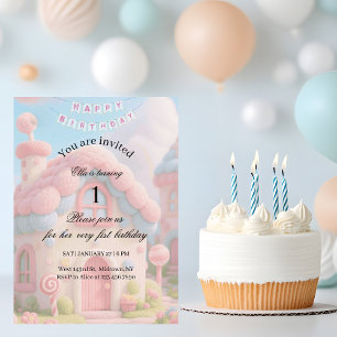 Whimsical Magic House Pink 1. Geburtstag Einladung