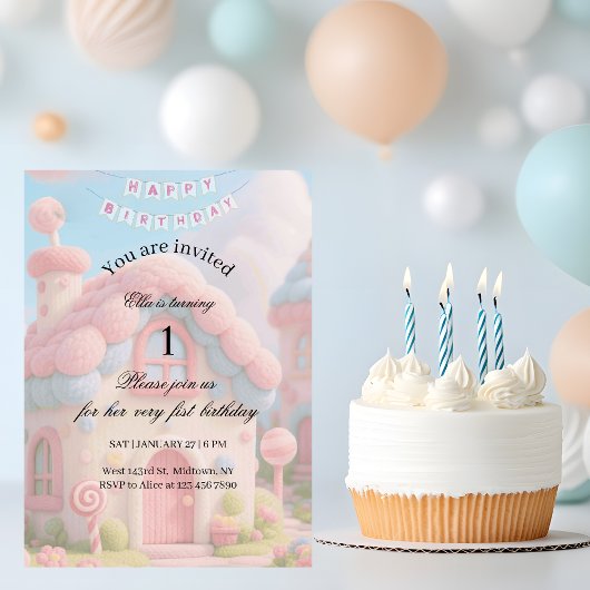 Whimsical Magic House Pink 1. Geburtstag  Einladung