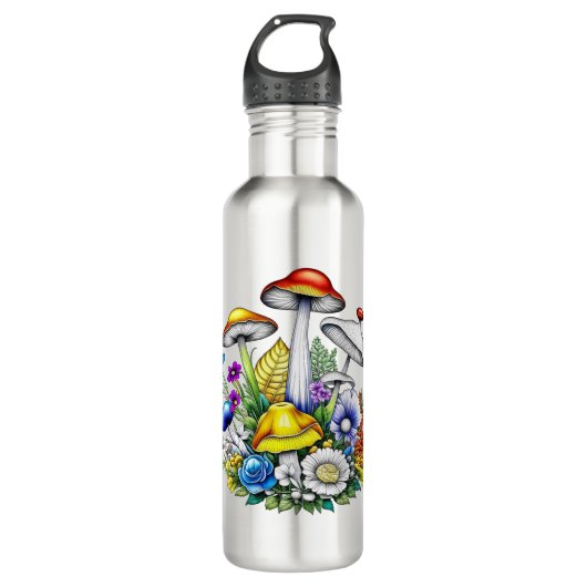 Whimsical Magic Mushrooms und Blume Edelstahlflasche (Vorderseite)
