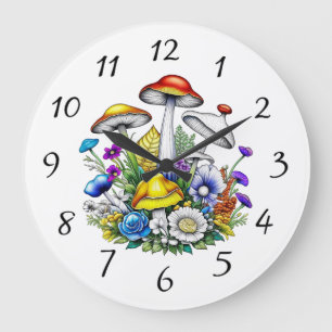 Whimsical Magic Mushrooms und Blume Große Wanduhr