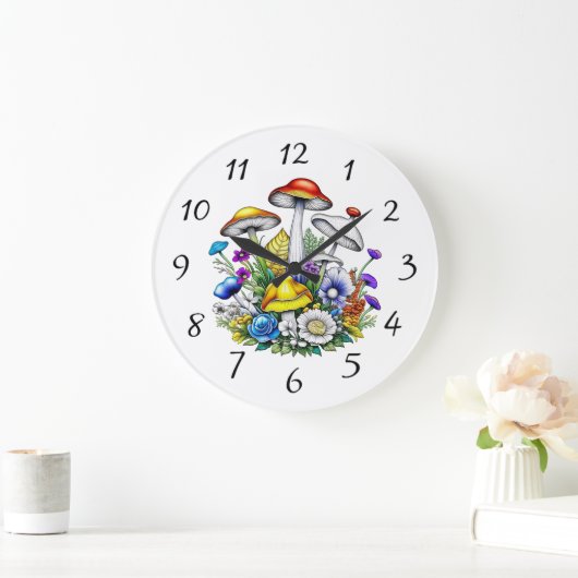 Whimsical Magic Mushrooms und Blume Große Wanduhr (Zuhause)