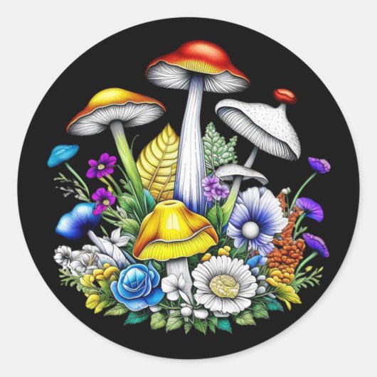 Whimsical Magic Mushrooms und Blume Runder Aufkleber (Vorderseite)