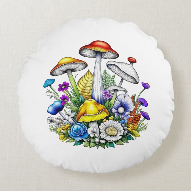 Whimsical Magic Mushrooms und Blume Rundes Kissen (Vorderseite)